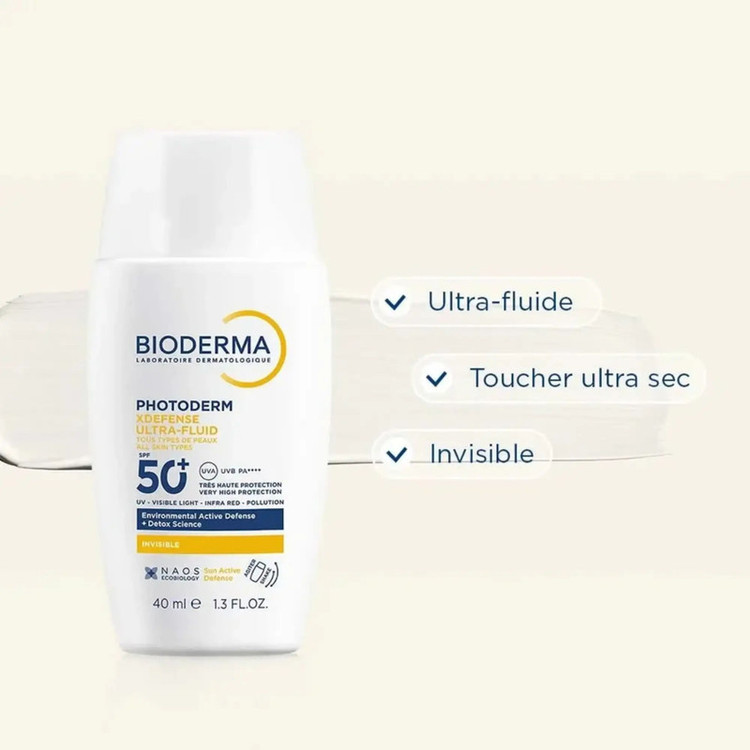 فلوئید ضد آفتاب بیرنگ دست، صورت بایودرما SPF 50 ++++PA مدل Photoderm XDefense Ultra-Invisible محافظ در برابر اشعه UVA و UVB مناسب برای انواع پوست حجم 40 میلیلیتر