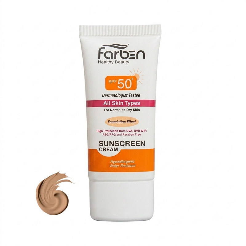 کرم ضد آفتاب رنگی SPF50 فاربن مناسب دست و صورت مدل protection AST_NB محافظت کننده در برابر اشعه UVA ،UVB مناسب انواع پوست حجم 50 میلیلیتر