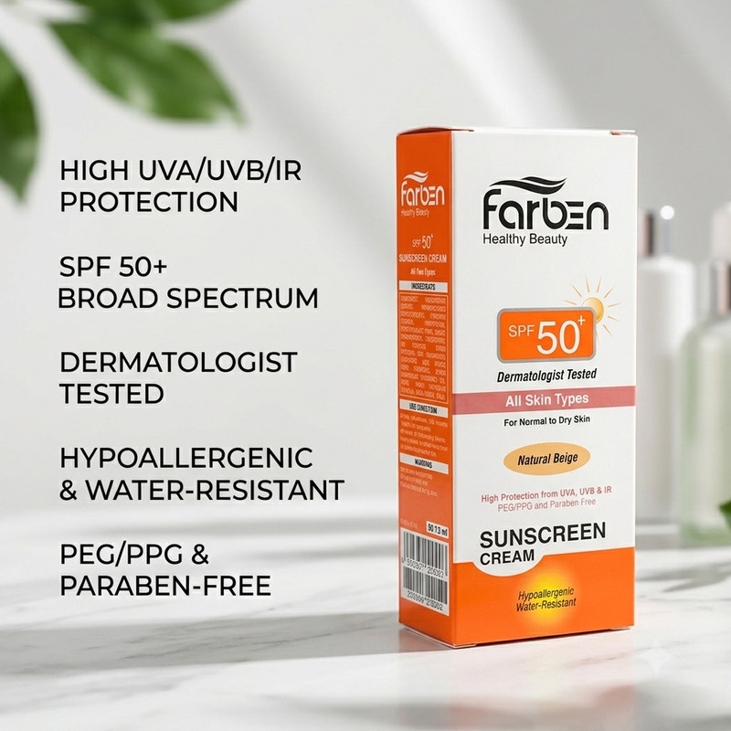کرم ضد آفتاب رنگی SPF50 فاربن مناسب دست و صورت مدل protection AST_NB محافظت کننده در برابر اشعه UVA ،UVB مناسب انواع پوست حجم 50 میلیلیتر