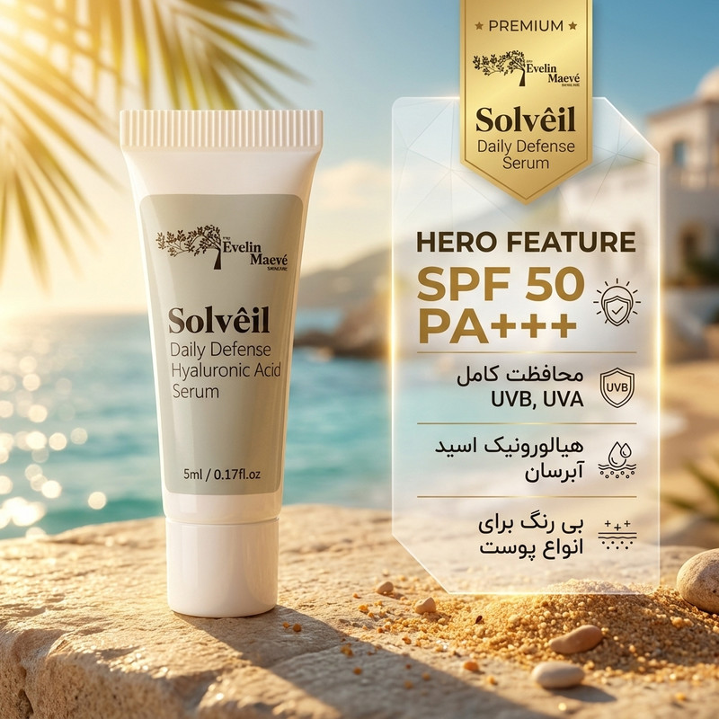 سرم ضد آفتاب بی رنگ صورت و بدن راهکارهای اولین میو pa+++ spf 50 مدل هیالورونیک اسید محافظ در برابر UVA,UVB مناسب برای انواع پوست حجم 5 میلی لیتر