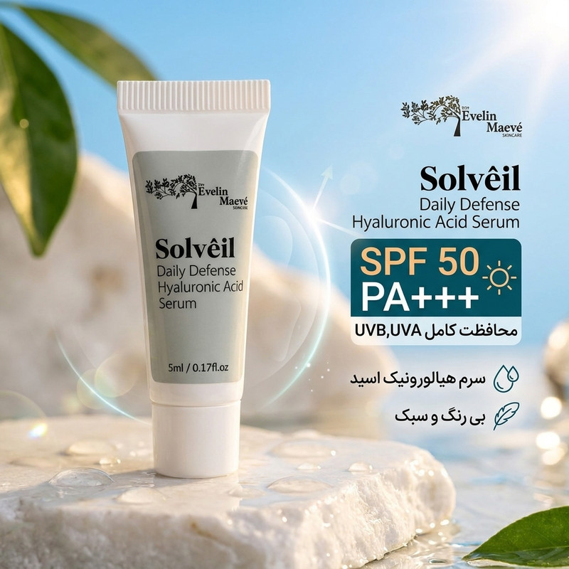 سرم ضد آفتاب بی رنگ صورت و بدن راهکارهای اولین میو pa+++ spf 50 مدل هیالورونیک اسید محافظ در برابر UVA,UVB مناسب برای انواع پوست حجم 5 میلی لیتر