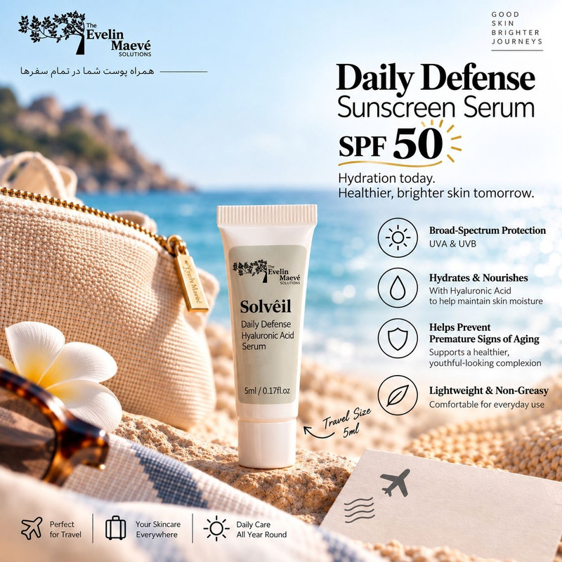 سرم ضد آفتاب بی رنگ صورت و بدن راهکارهای اولین میو pa+++ spf 50 مدل هیالورونیک اسید محافظ در برابر UVA,UVB مناسب برای انواع پوست حجم 5 میلی لیتر