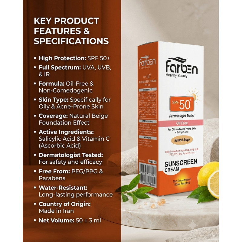 کرم ضد آفتاب رنگی SPF50 فاربن مدل protection OF_NB محافظ UVA ،UVB مناسب پوست چرب و آکنه دار حجم 50 میلیلیتر