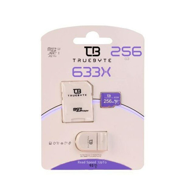 کارت حافظه microSDXC تروبایت مدل A2-V30-633X کلاس 10 استاندارد UHS-I U3 سرعت 95MBps ظرفیت 256 گیگابایت به همراه آداپتور SD و کارت خوان