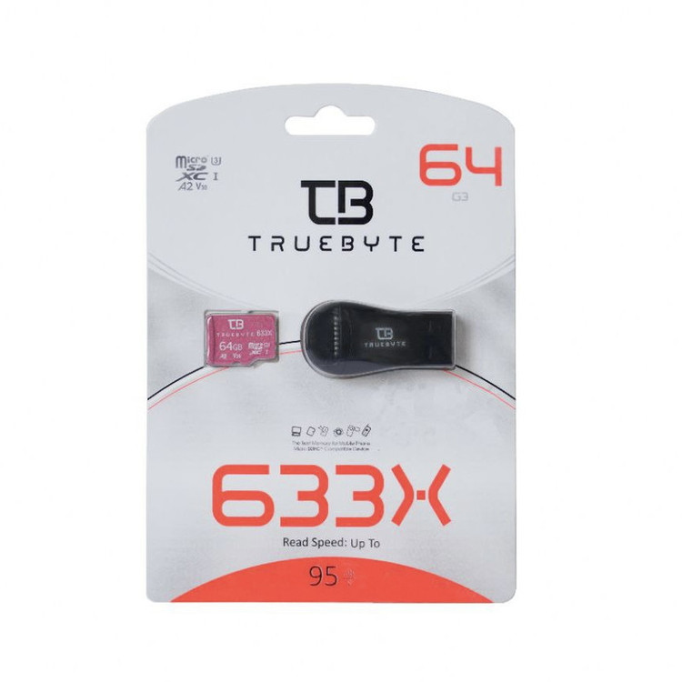 کارت حافظه microSD XC تروبایت مدل 633X-A2-V30 کلاس 10 استاندارد UHS-I U3 سرعت 95MBps ظرفیت 64 گیگابایت به همراه کارتخوان