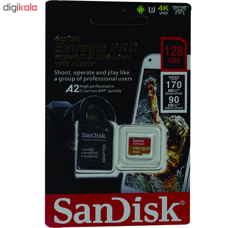 کارت حافظه microSDXC سن دیسک مدل Extreme PRO کلاس A2 استاندارد UHS-I U3 سرعت 170MBs ظرفیت 128 گیگابایت به همراه آداپتور SD