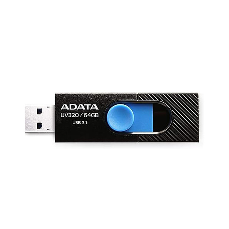 فلشمموری کشویی ای دیتا مدل UV320 ظرفیت 64 گیگابایت با رابط USB 3.2 Gen1 سرعت انتقال تا 10 گیگابیت بر ثانیه و سازگار با ویندوز، مک، لینوکس، گوشی و تلویزیون