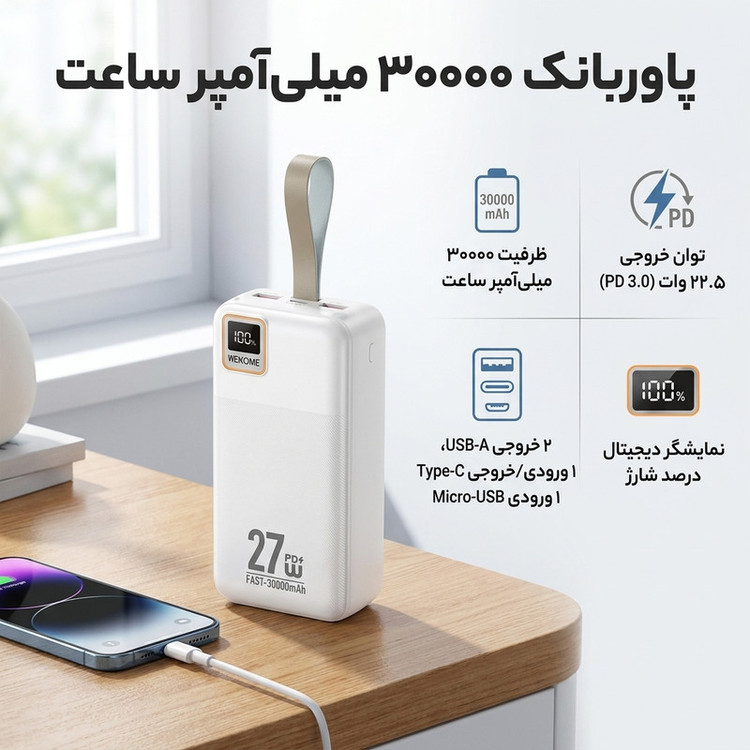 پاوربانک 22.5 وات ویکام مدل WP-96 ظرفیت 30000 میلیآمپرساعت