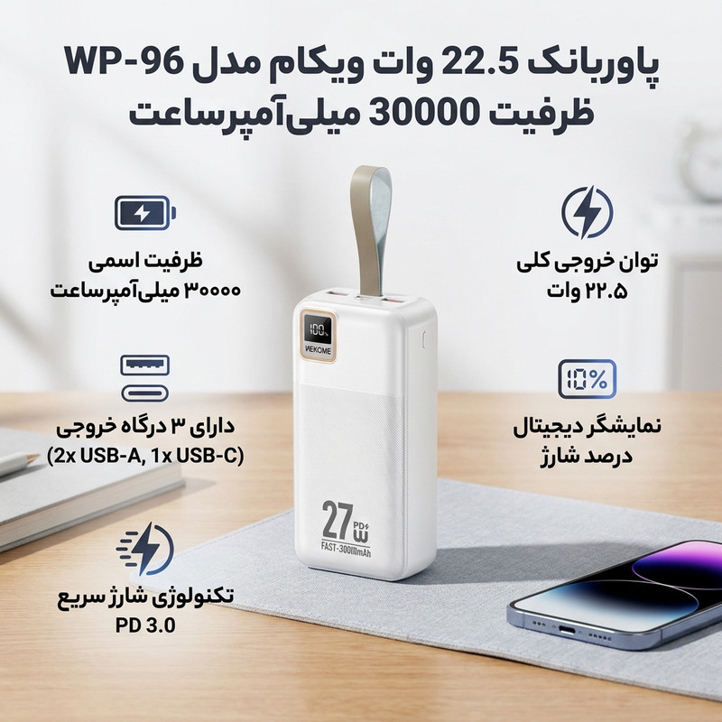 پاوربانک 22.5 وات ویکام مدل WP-96 ظرفیت 30000 میلیآمپرساعت