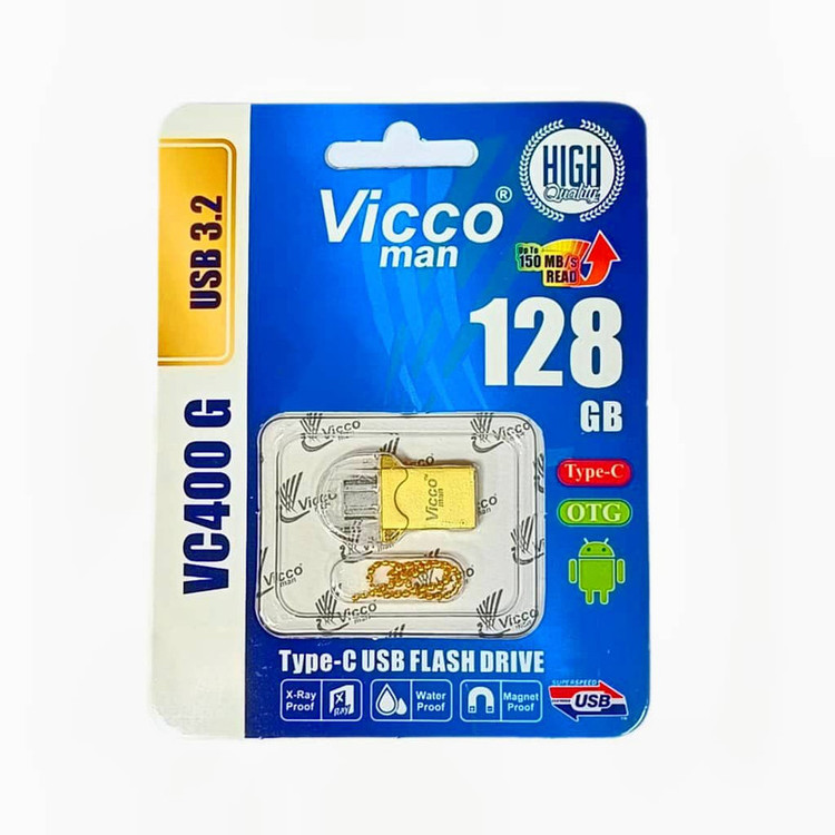 فلش مموری OTG ویکومن مدل VC400 G ظرفیت 128 گیگابایت با رابطهای USB 3.2 و Type-C، سرعت خواندن 158 مگابایت بر ثانیه و مقاومت در برابر آب، ضربه، گردوغبار و خطوخش