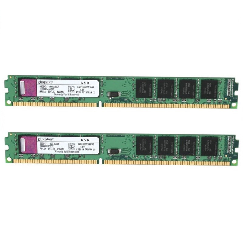 رم دسکتاپ DDR3 کینگستون مدل KVR1333D3N9/4G ظرفیت کلی 8 گیگابایت، مجموعه 2 عددی شامل ماژول‌های 4 گیگابایتی، فرکانس 1333 مگاهرتز، تایمینگ CL9 و معماری تک‌کاناله