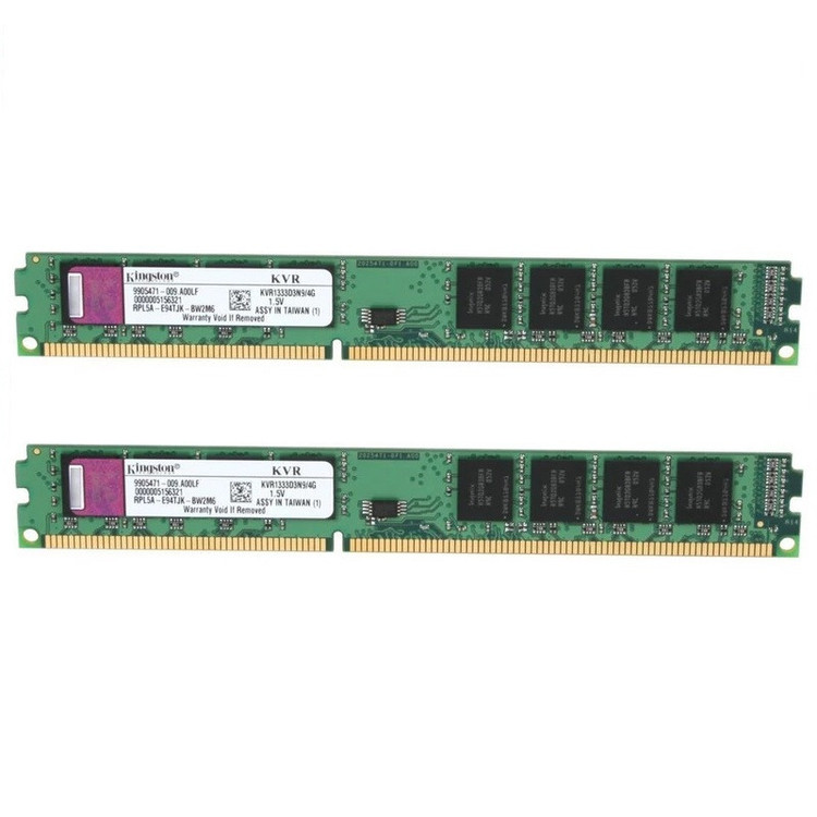 رم دسکتاپ DDR3 کینگستون مدل KVR1333D3N9/4G ظرفیت کلی 8 گیگابایت، مجموعه 2 عددی شامل ماژولهای 4 گیگابایتی، فرکانس 1333 مگاهرتز، تایمینگ CL9 و معماری تککاناله