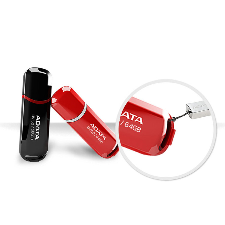 فلش مموری ای دیتا مدل UV150 ظرفیت 64 گیگابایت، رابط USB 3.2 Gen1، سرعت خواندن 90 مگابایت بر ثانیه، طراحی درپوشدار، سازگار با گوشی، تبلت، کامپیوتر و تلویزیون
