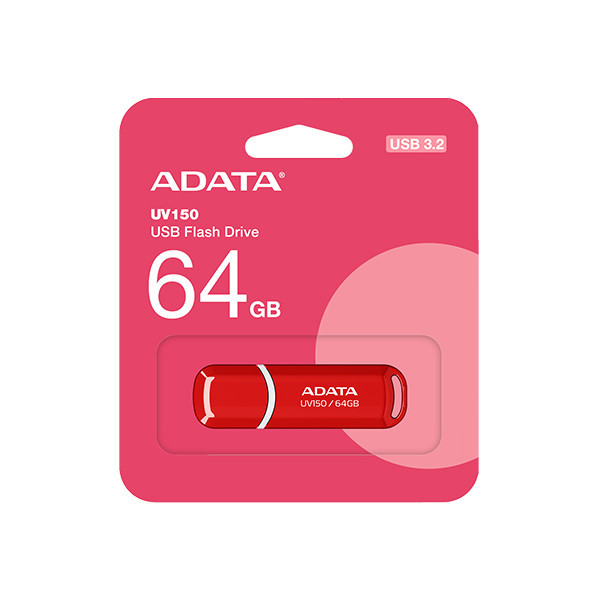 فلش مموری ای دیتا مدل UV150 ظرفیت 64 گیگابایت، رابط USB 3.2 Gen1، سرعت خواندن 90 مگابایت بر ثانیه، طراحی درپوشدار، سازگار با گوشی، تبلت، کامپیوتر و تلویزیون