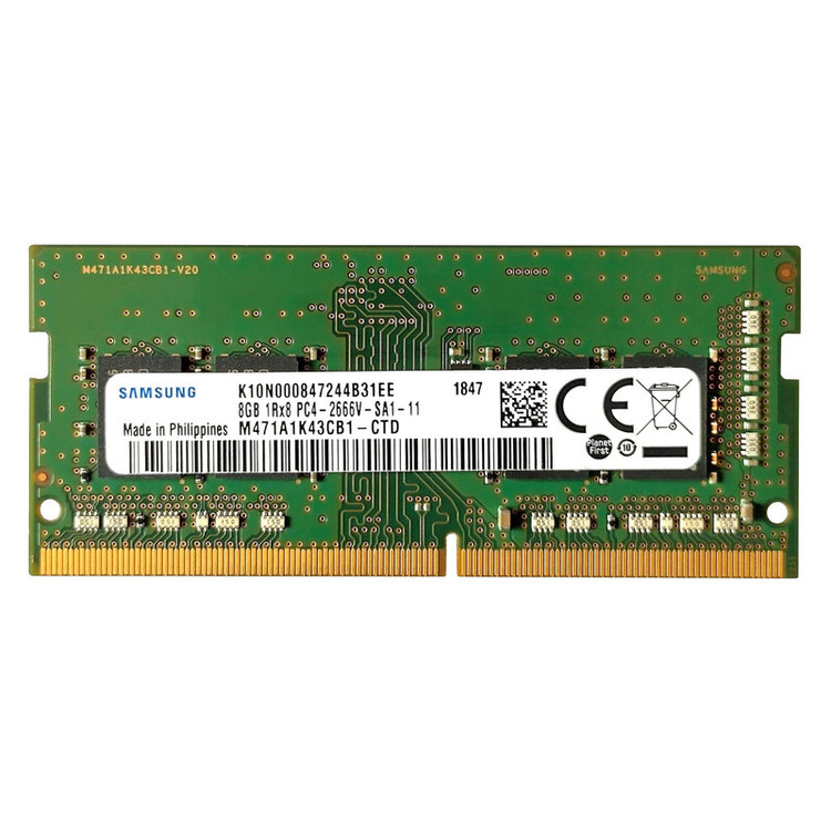 رم لپتاپ 8 گیگابایت سامسونگ مدل PC4-2666 از نوع DDR4، تککاناله با فرکانس 2666 مگاهرتز، تایمینگ CL19 و فرمفکتور SO-DIMM 260 پین