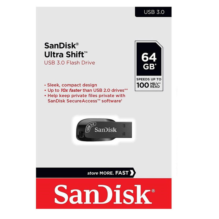 فلش مموری 64 گیگابایت سن دیسک مدل ULTRA SHIFT CZ410 با رابط USB 3.1، سرعت خواندن 100 مگابایت بر ثانیه، نرمافزار امنیتی SanDisk SecureAccess و بازیابی فایل RESCUEPRO Deluxe، مناسب ضبط خودرو و تلویزیون