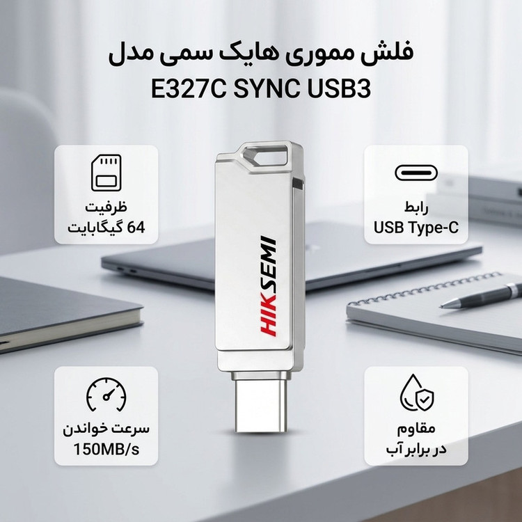 فلش مموری 64 گیگابایت هایک سمی مدل E327C SYNC USB3 با رابط USB و USB-C، سرعت خواندن تا 150 مگابایت بر ثانیه، سرعت نوشتن تا 45 مگابایت بر ثانیه و مقاومت در برابر آب