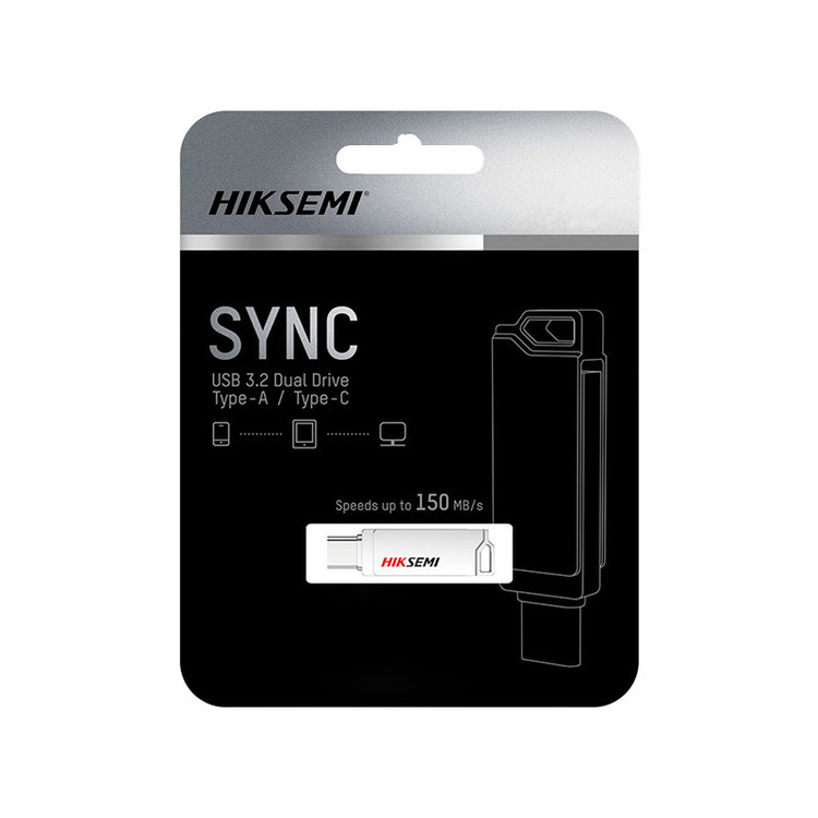 فلش مموری 64 گیگابایت هایک سمی مدل E327C SYNC USB3 با رابط USB و USB-C، سرعت خواندن تا 150 مگابایت بر ثانیه، سرعت نوشتن تا 45 مگابایت بر ثانیه و مقاومت در برابر آب