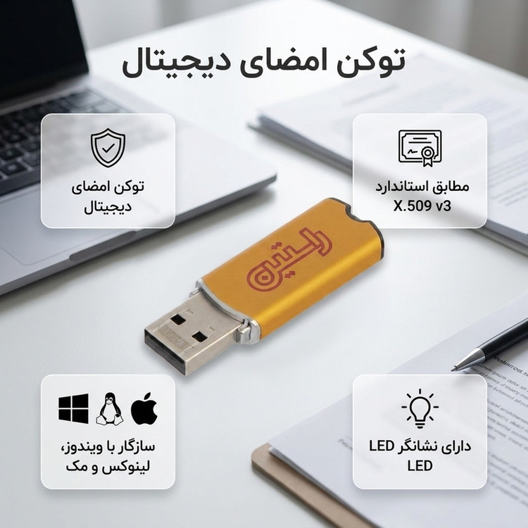 توکن امضای دیجیتال راستین با تراشه امن کارت هوشمند، نصب خودکار نرمافزار و قابلیت رمزگذاری، رمزگشایی و اعتبارسنجی امضا
