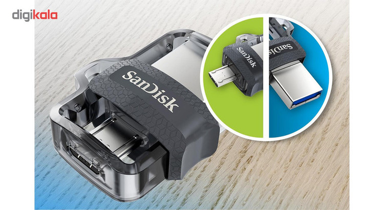 فلش مموری دوکاره سن دیسک مدل Ultra Dual Drive M3.0 ظرفیت 128 گیگابایت با رابط USB3.0 و MicroUSB، سرعت خواندن تا 150 مگابایت بر ثانیه و پشتیبانی از اپلیکیشن SanDisk Memory Zone