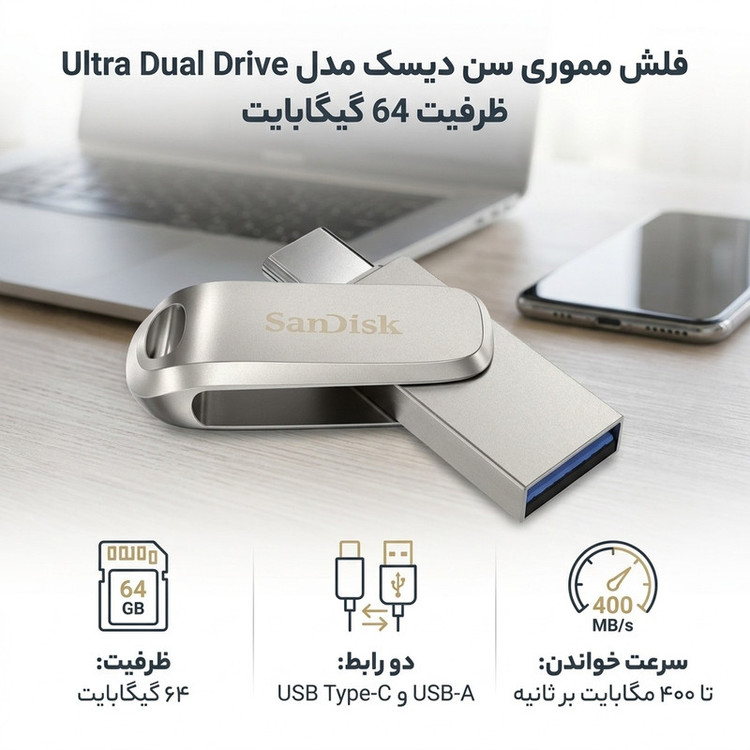 فلش مموری سن دیسک مدل Ultra Dual Drive Luxe ظرفیت 64 گیگابایت با رابط تایپ سی و USB 3.2 Gen 1، سرعت خواندن 400 مگابایت بر ثانیه، طراحی تاشو و سازگار با سیستمعاملهای Android، PC، Mac و iPad Pro