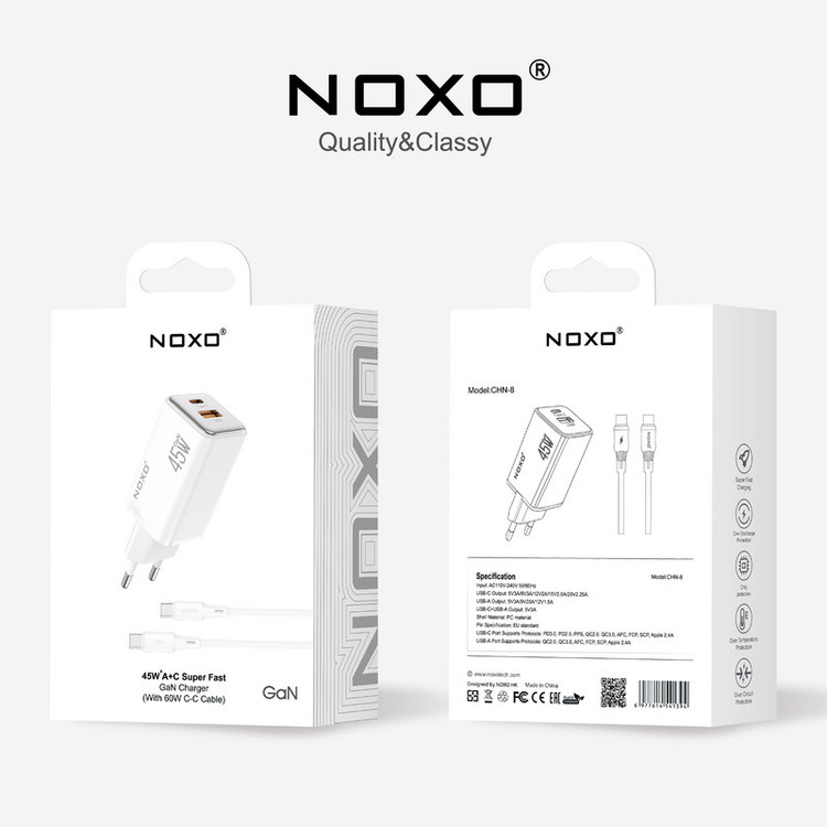 شارژر دیواری 45 وات دو پورت نوکسو مدل CHN‑8 GaN به همراه کابل usb‑C