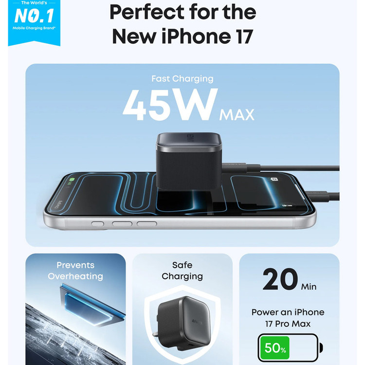 شارژر دیواری 45 وات انکر مدل A2692 به همراه کابل تبدیل USB-C