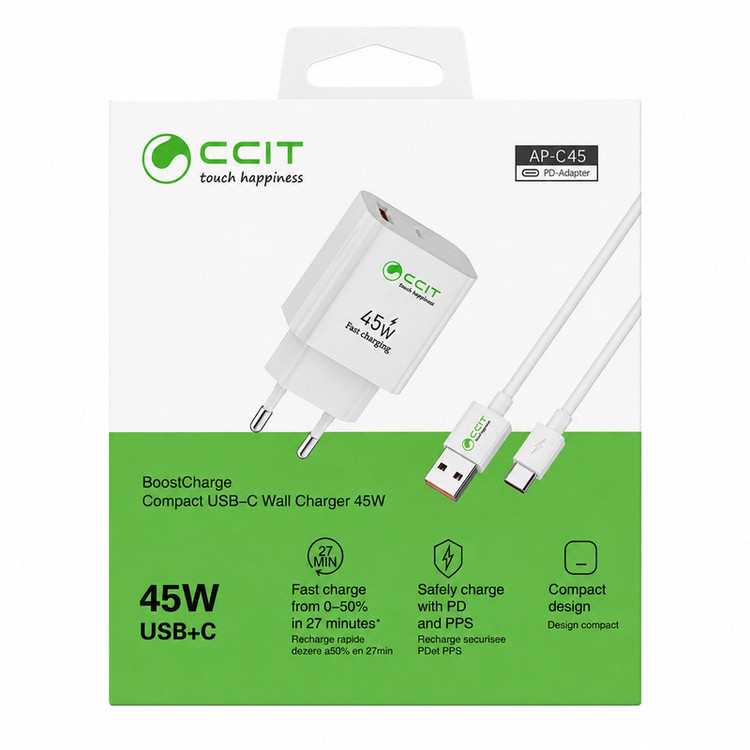 شارژر دیواری 45 وات 2 پورت سی سی آی تی مدل AP-C45 به همراه کابل تبدیل USB به USB-C