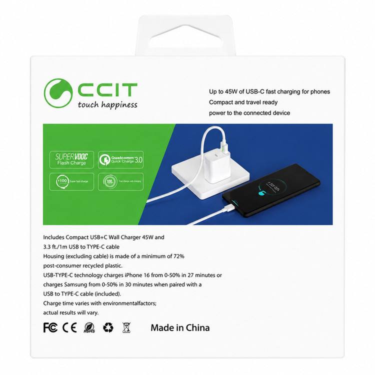 شارژر دیواری 45 وات 2 پورت سی سی آی تی مدل AP-C45 به همراه کابل تبدیل USB به USB-C