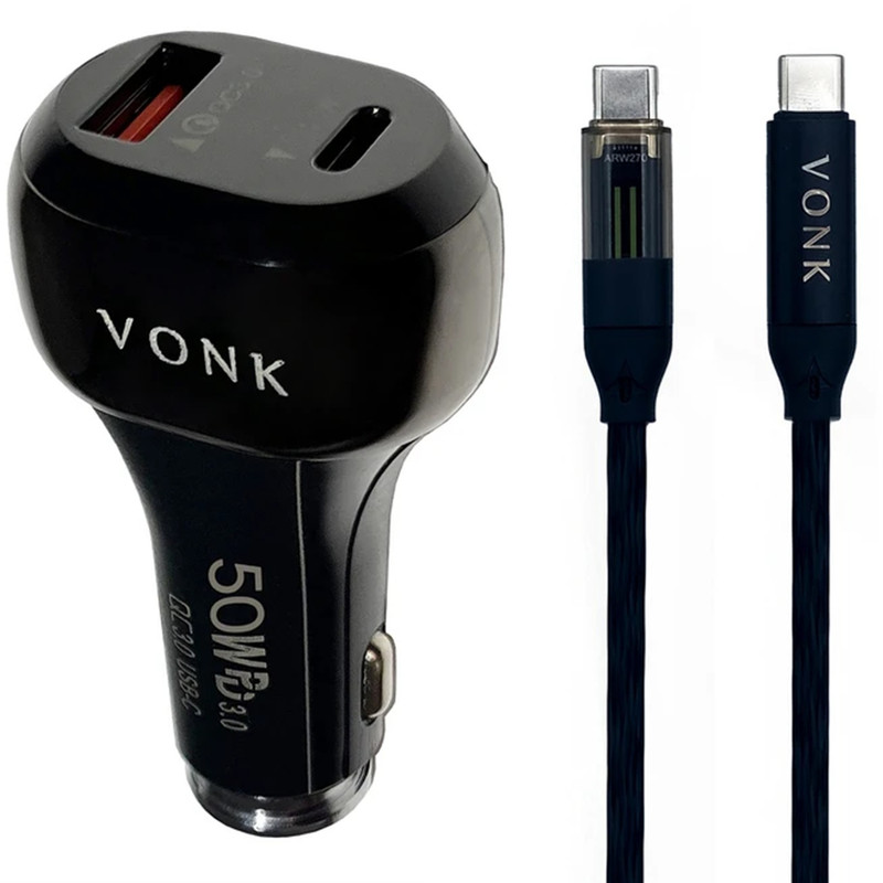 شارژر فندکی 50 وات دو پورت وونک مدل VC-50 به همراه کابل 1 متری USB-C