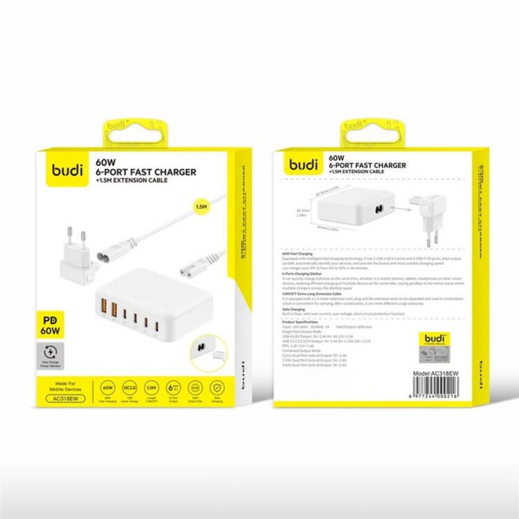 شارژر رومیزی 60 وات شش پورت بودی مدل AC318EW به همراه کابل برق و تبدیل