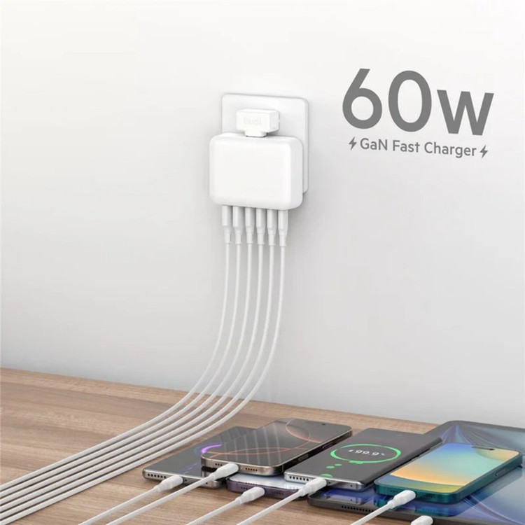 شارژر رومیزی 60 وات شش پورت بودی مدل AC318EW به همراه کابل برق و تبدیل