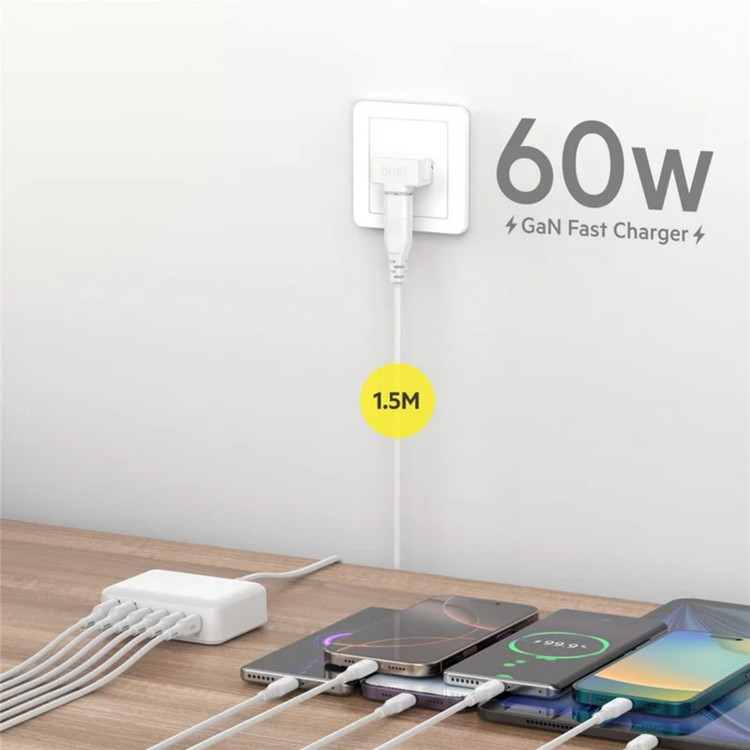 شارژر رومیزی 60 وات شش پورت بودی مدل AC318EW به همراه کابل برق و تبدیل