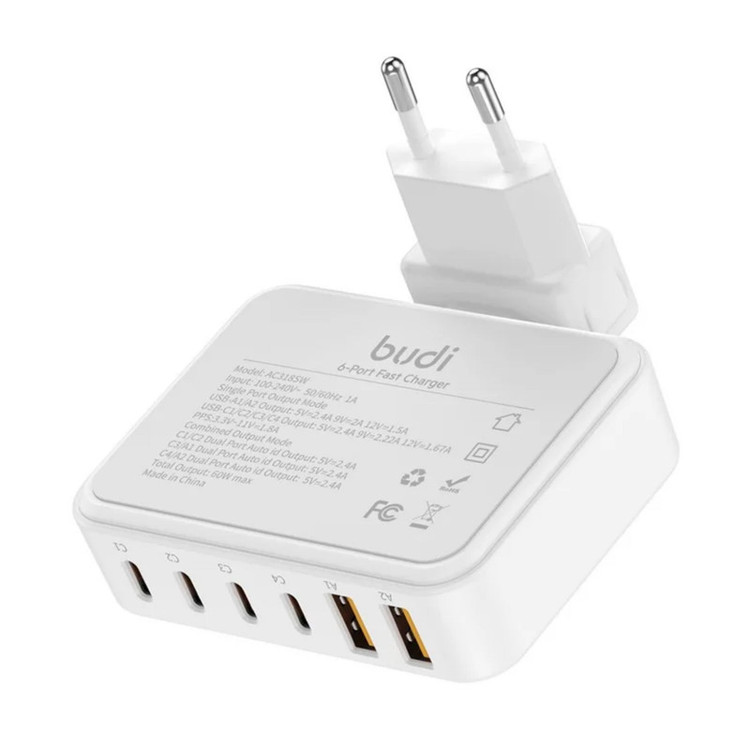 شارژر رومیزی 60 وات شش پورت بودی مدل AC318EW به همراه کابل برق و تبدیل