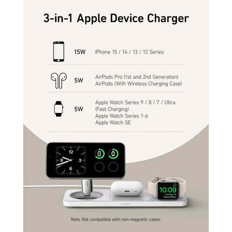 شارژر رومیزی انکر مدل MagGo Wireless Charging به همراه شارژر دیواری 40 وات انکر و کابل USB-C به طول 1.5 متر