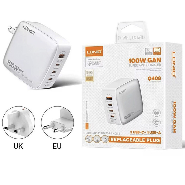 شارژر دیواری ۱۰۰ وات ۴ پورت الدینیو مدل Q408 به همراه کابل USB-C