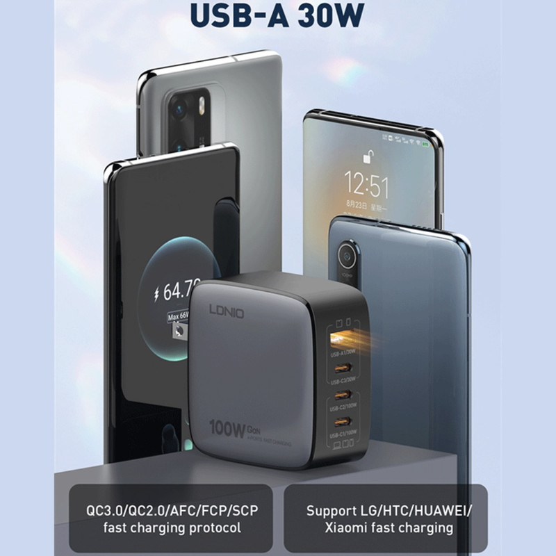شارژر دیواری ۱۰۰ وات ۴ پورت الدینیو مدل Q408 به همراه کابل USB-C