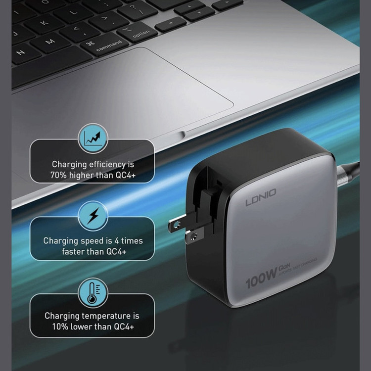 شارژر دیواری ۱۰۰ وات ۴ پورت الدینیو مدل Q408 به همراه کابل USB-C
