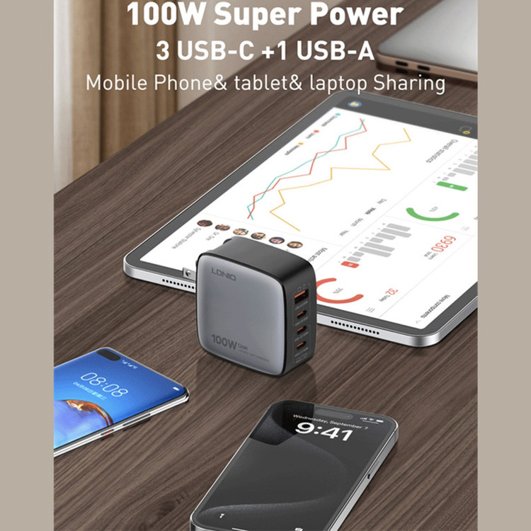 شارژر دیواری ۱۰۰ وات ۴ پورت الدینیو مدل Q408 به همراه کابل USB-C