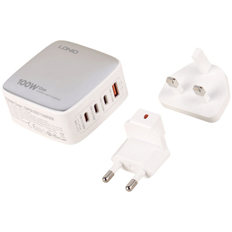 شارژر دیواری ۱۰۰ وات ۴ پورت الدینیو مدل Q408 به همراه کابل USB-C