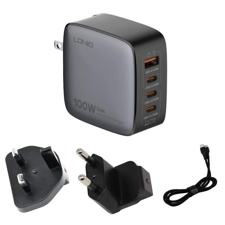 شارژر دیواری ۱۰۰ وات ۴ پورت الدینیو مدل Q408 به همراه کابل USB-C