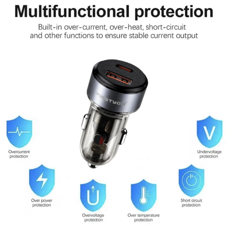 شارژر فندکی 70 وات دو پورت فرست یو مدل F070 به همراه کابل usb-C