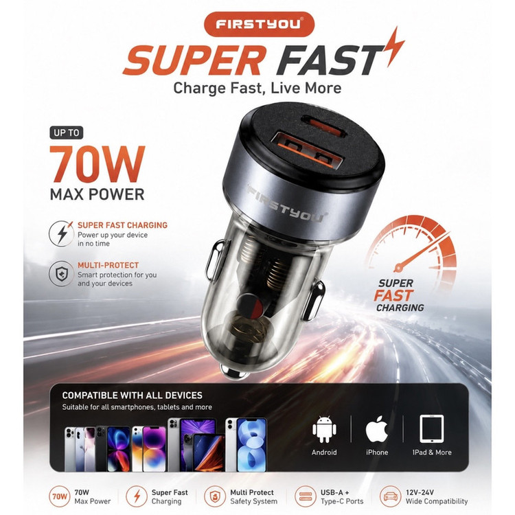 شارژر فندکی 70 وات دو پورت فرست یو مدل F070 به همراه کابل usb-C