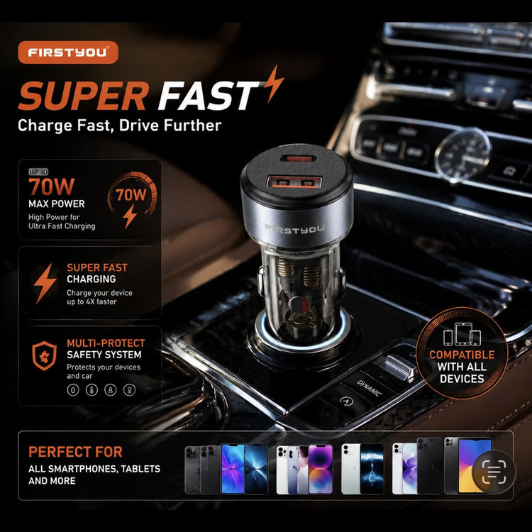 شارژر فندکی 70 وات دو پورت فرست یو مدل F070 به همراه کابل usb-C