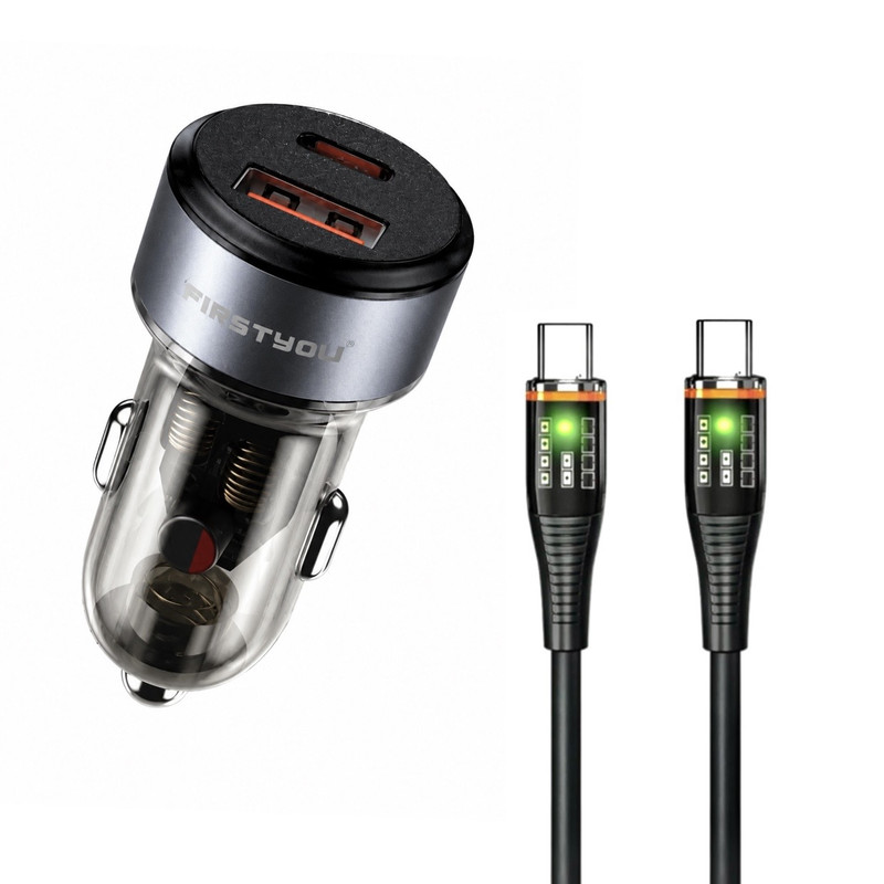 شارژر فندکی 70 وات دو پورت فرست یو مدل F070 به همراه کابل usb-C