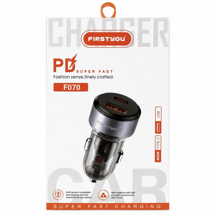 شارژر فندکی 70 وات دو پورت فرست یو مدل F070 به همراه کابل usb-C