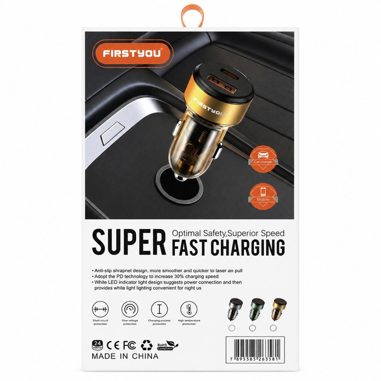شارژر فندکی 70 وات دو پورت فرست یو مدل F070 به همراه کابل usb-C