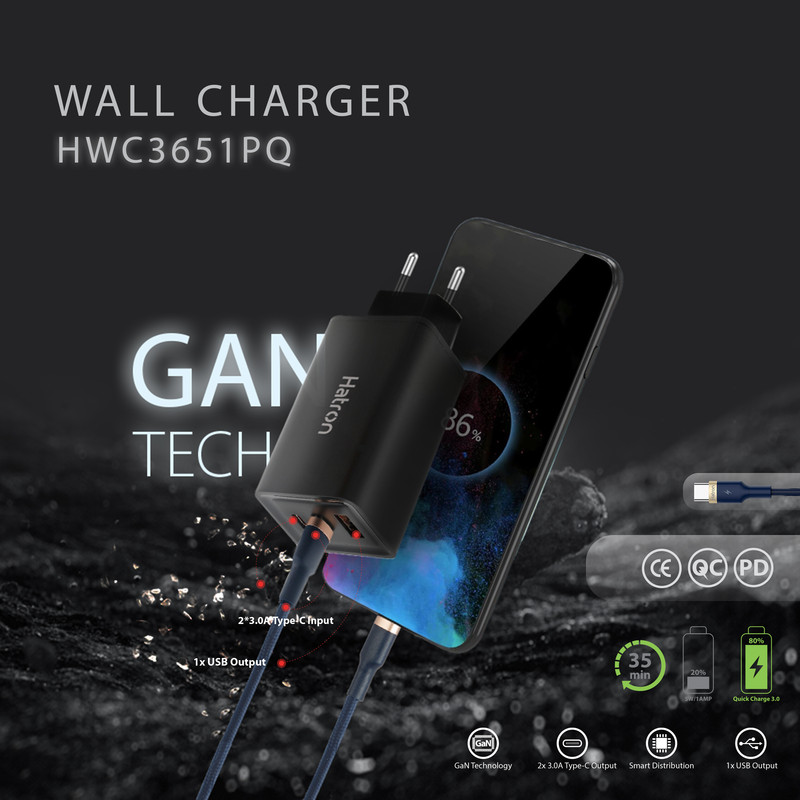 شارژر دیواری 65 وات هترون مدل HWC 3651 PQ GaN