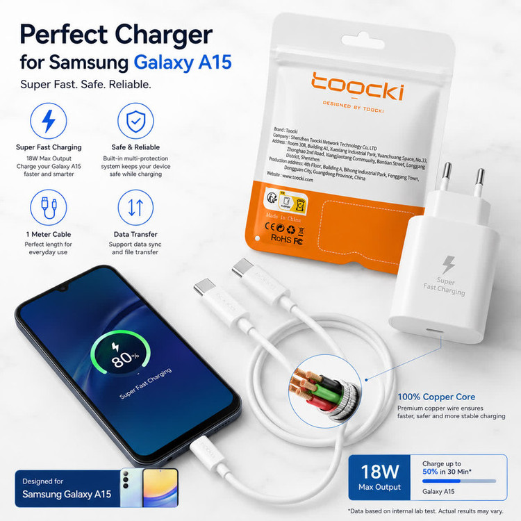 شارژر دیواری 25 وات توکی مدل Galaxy A15 به همراه کابل USB-C