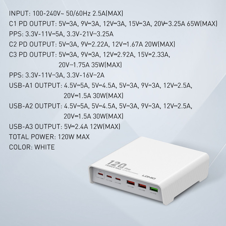 شارژر رومیزی 120وات الدینیو مدل HUB CHARGER Q605
